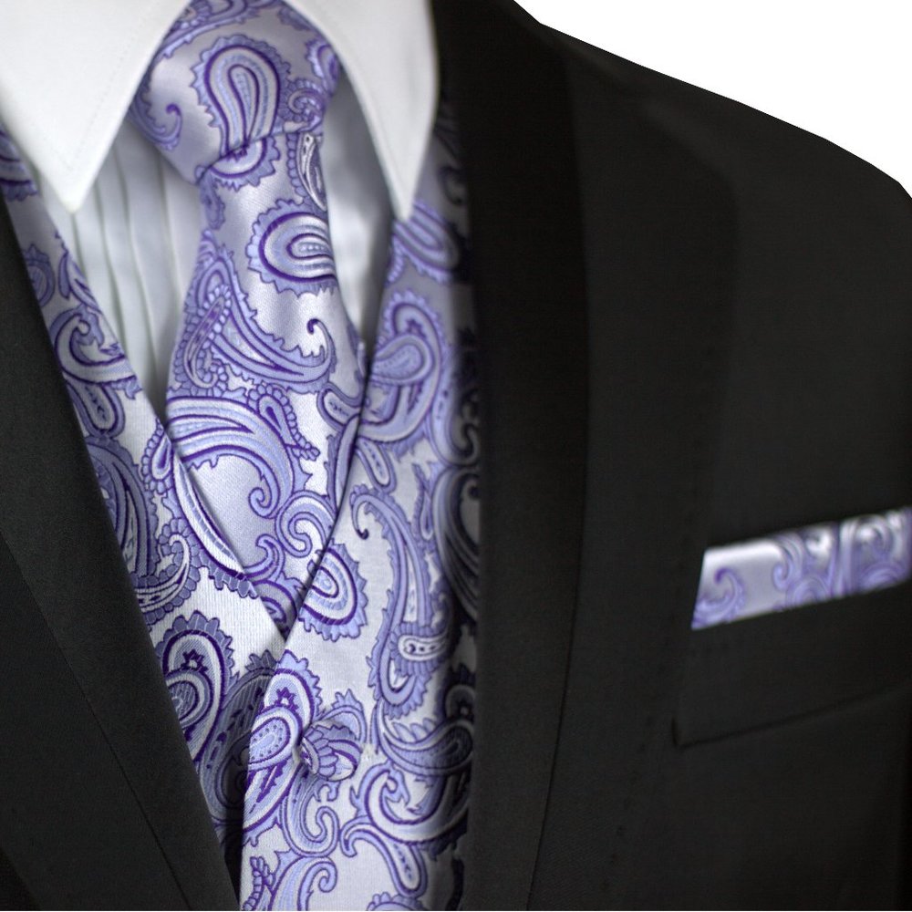 Men's Formal Wedding Prom Homecoming Tuxedo Vest Tie Hankie - Lavender Paisley